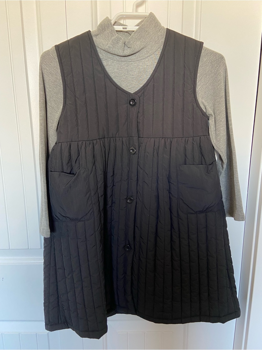Black Quilted Puffer Vest Dress with Gray Turtleneck Top – Girls’ Fall Outfit